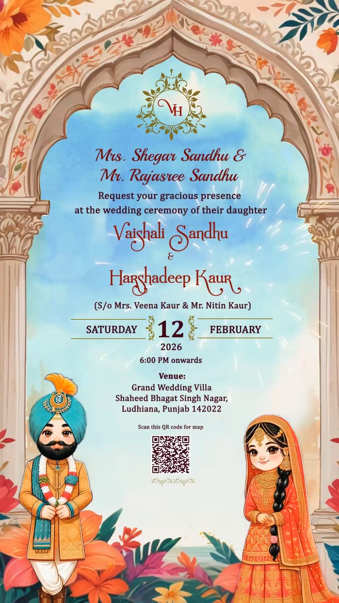Punjabi Wedding Invitation Video with Illustrated Bride and Groom in Ethnic Attire, Ornate Floral Arch Design