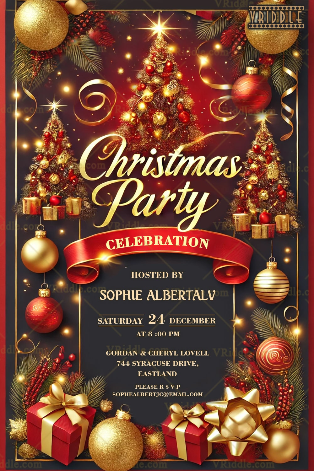 Radiant Red and Gold Christmas Party Invitation with Glittering Trees and Ornaments