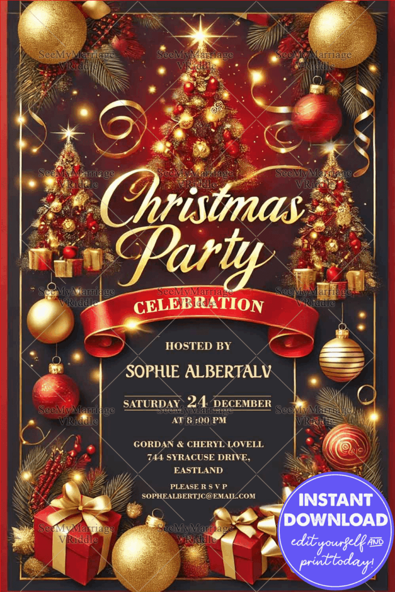 Radiant Red and Gold Christmas Party Invitation with Glittering Trees and Ornaments