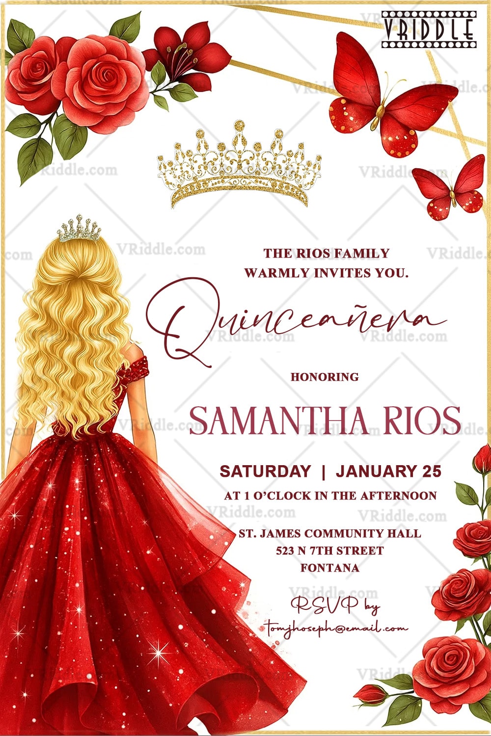 Red Gown Girl Quinceañera Invitation with Crown Accents Rose Motifs and Butterflies