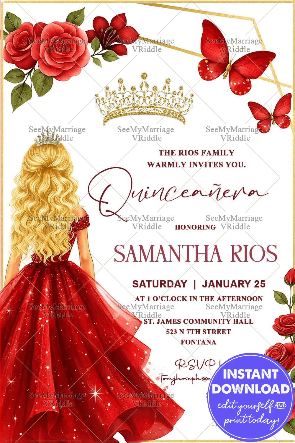 Red Gown Girl Quinceañera Invitation with Crown Accents Rose Motifs and Butterflies