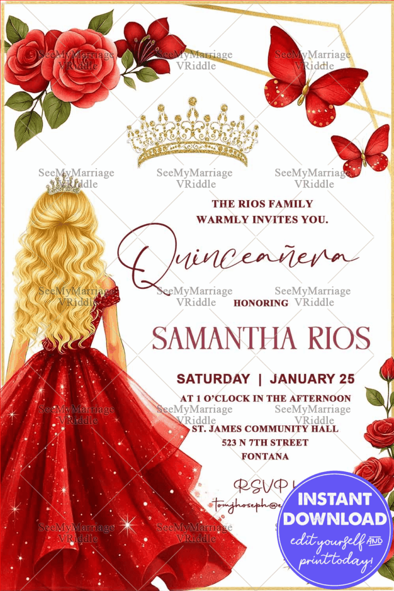 Red Gown Girl Quinceañera Invitation with Crown Accents Rose Motifs and Butterflies