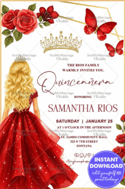 Red Gown Girl Quinceañera Invitation with Crown Accents Rose Motifs and Butterflies