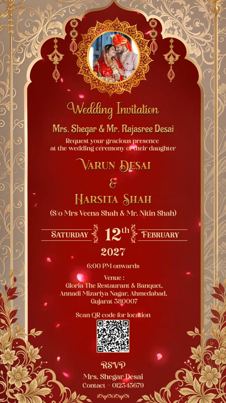 Red and Gold Rajasthani Wedding Invitation Video with Add Photo, Ornate Floral Border and QR Code