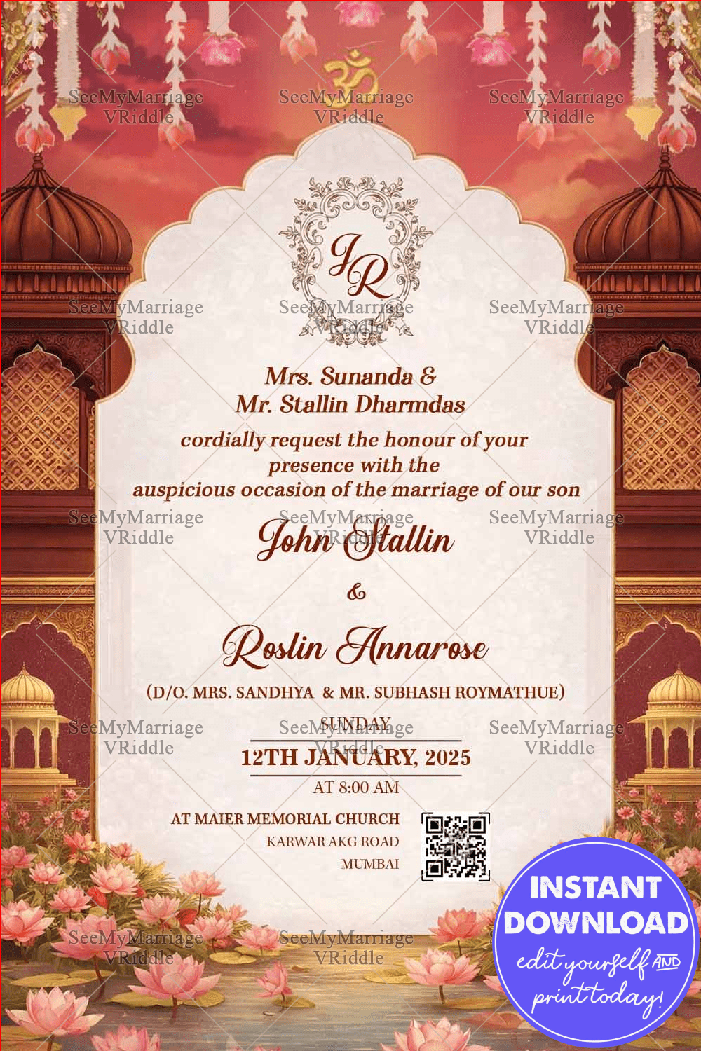 Regal Lotus Wedding Invitation Framed with Domed Arches, Floral Garlands, and Palace Pond Aesthetic
