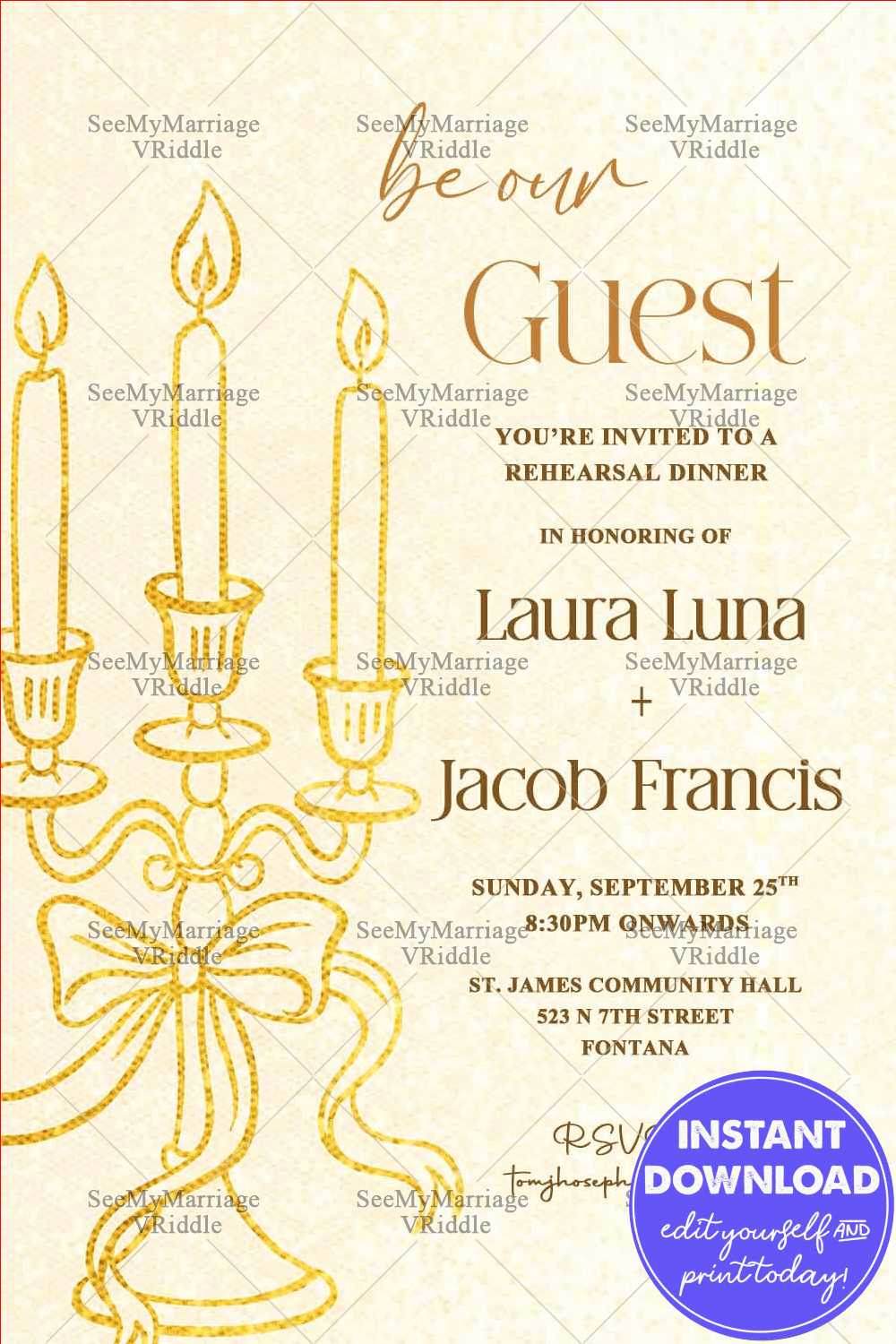 Rehearsal Dinner Invitation with Golden Candle Holder Illustration and Soft Beige Texture