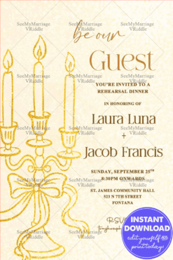 Rehearsal Dinner Invitation with Golden Candle Holder Illustration and Soft Beige Texture