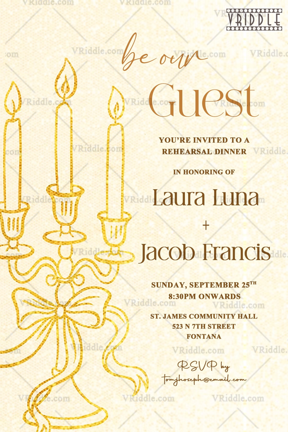 Rehearsal Dinner Invitation with Golden Candle Holder Illustration and Soft Beige Texture