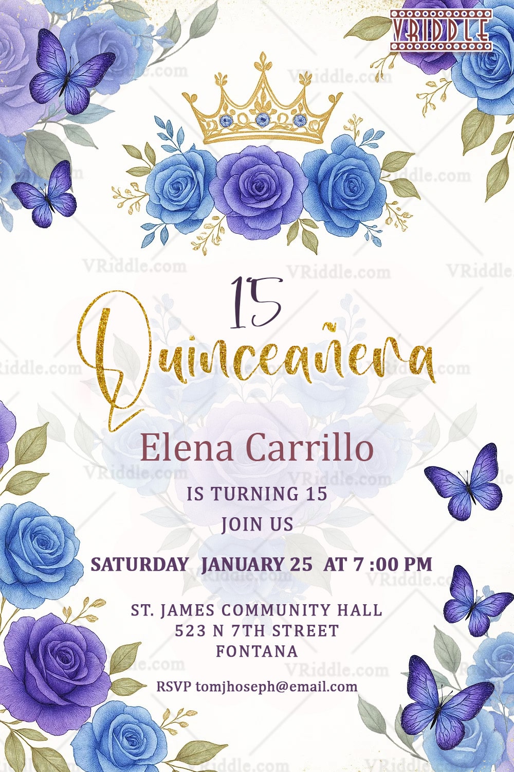 Royal Blue Roses Quinceañera Invitation with Golden Crown & Whimsical Butterflies
