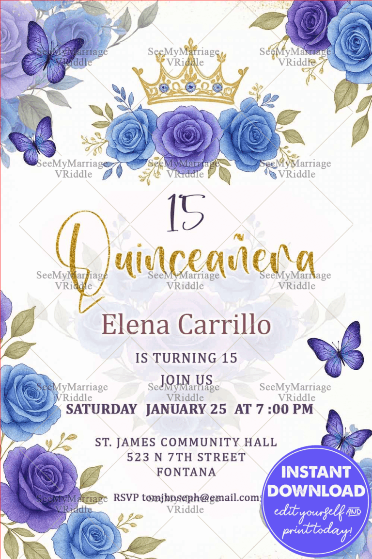 Royal Blue Roses Quinceañera Invitation with Golden Crown & Whimsical Butterflies