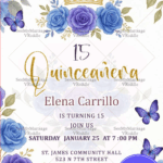 Royal Blue Roses Quinceañera Invitation with Golden Crown & Whimsical Butterflies