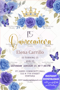 Royal Blue Roses Quinceañera Invitation with Golden Crown & Whimsical Butterflies