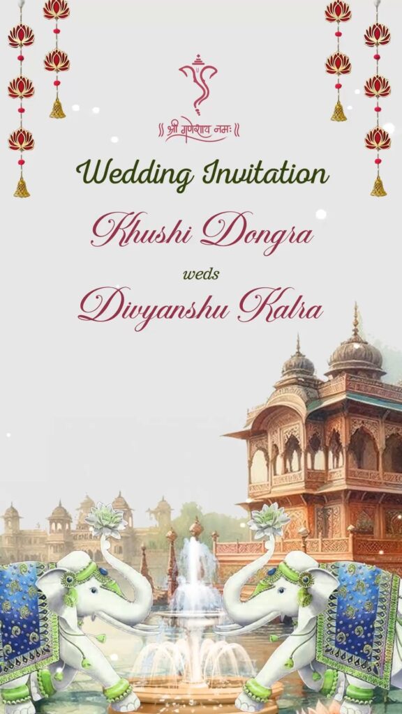 Royal Elephant Theme Wedding Invitation Video with Traditional Indian Design, Palace and Lotus Garland Decor
