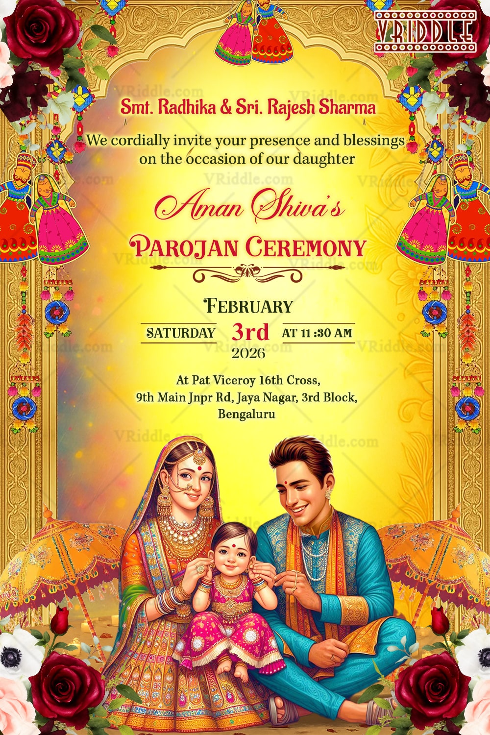 Royal Family Parojan Ceremony Invitation with Festive Rajasthani Motifs, and Ornate Floral Accents