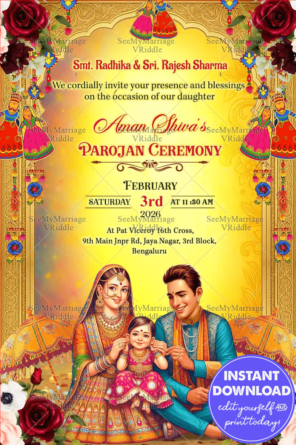 Royal Family Parojan Ceremony Invitation with Festive Rajasthani Motifs, and Ornate Floral Accents