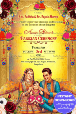 Royal Family Parojan Ceremony Invitation with Festive Rajasthani Motifs, and Ornate Floral Accents