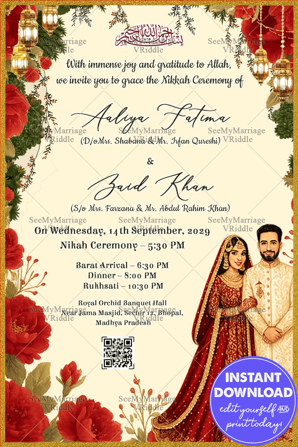 Royal Red Florals Nikkah Invitation with Hanging Lanterns & Traditional Couple Illustration