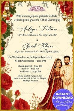 Royal Red Florals Nikkah Invitation with Hanging Lanterns & Traditional Couple Illustration