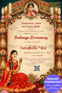 Royal Sadangu Ceremony Invitation with Ornate Archway, Floral Embellishments, and Traditional South Indian Girl Illustrations