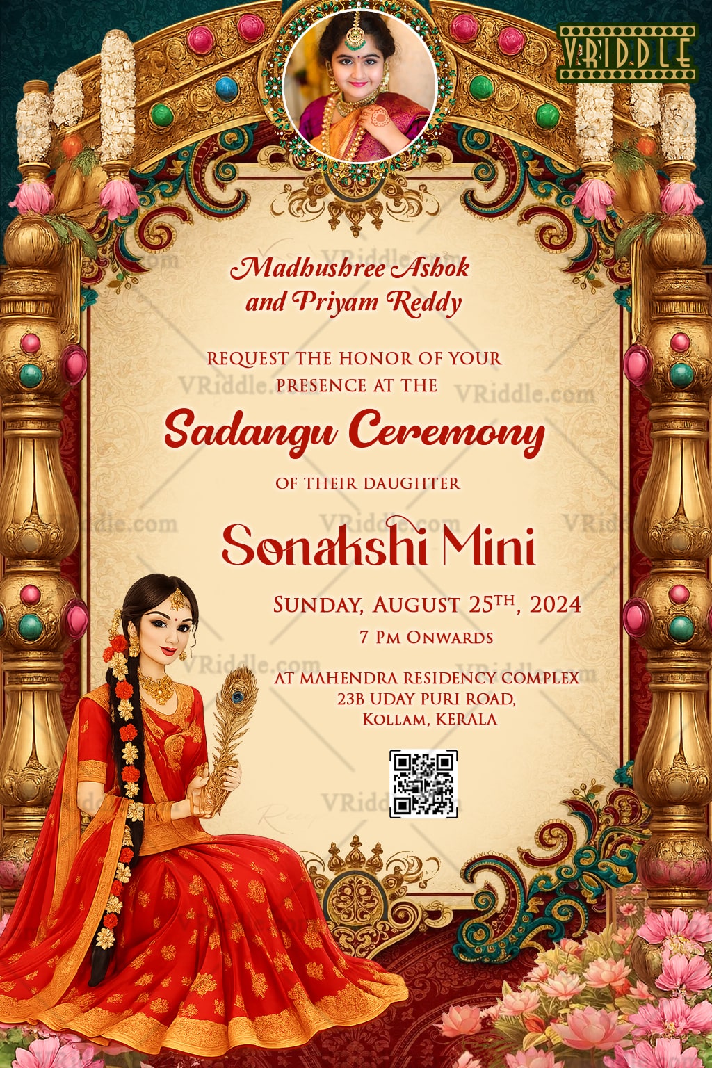 Royal Sadangu Ceremony Invitation with Ornate Archway, Floral Embellishments, and Traditional South Indian Girl Illustrations
