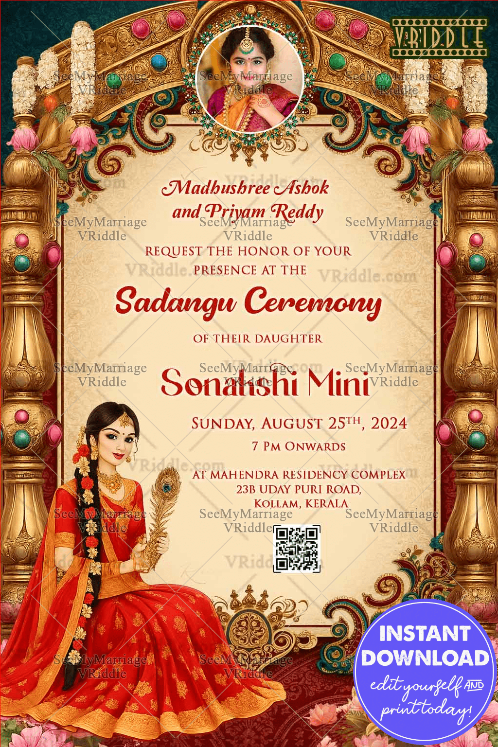 Royal Sadangu Ceremony Invitation with Ornate Archway, Floral Embellishments, and Traditional South Indian Girl Illustrations