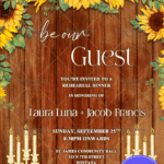 Rustic Rehearsal Dinner Invitation with Sunflower and Vintage Candle Holders on Wooden Backdrop