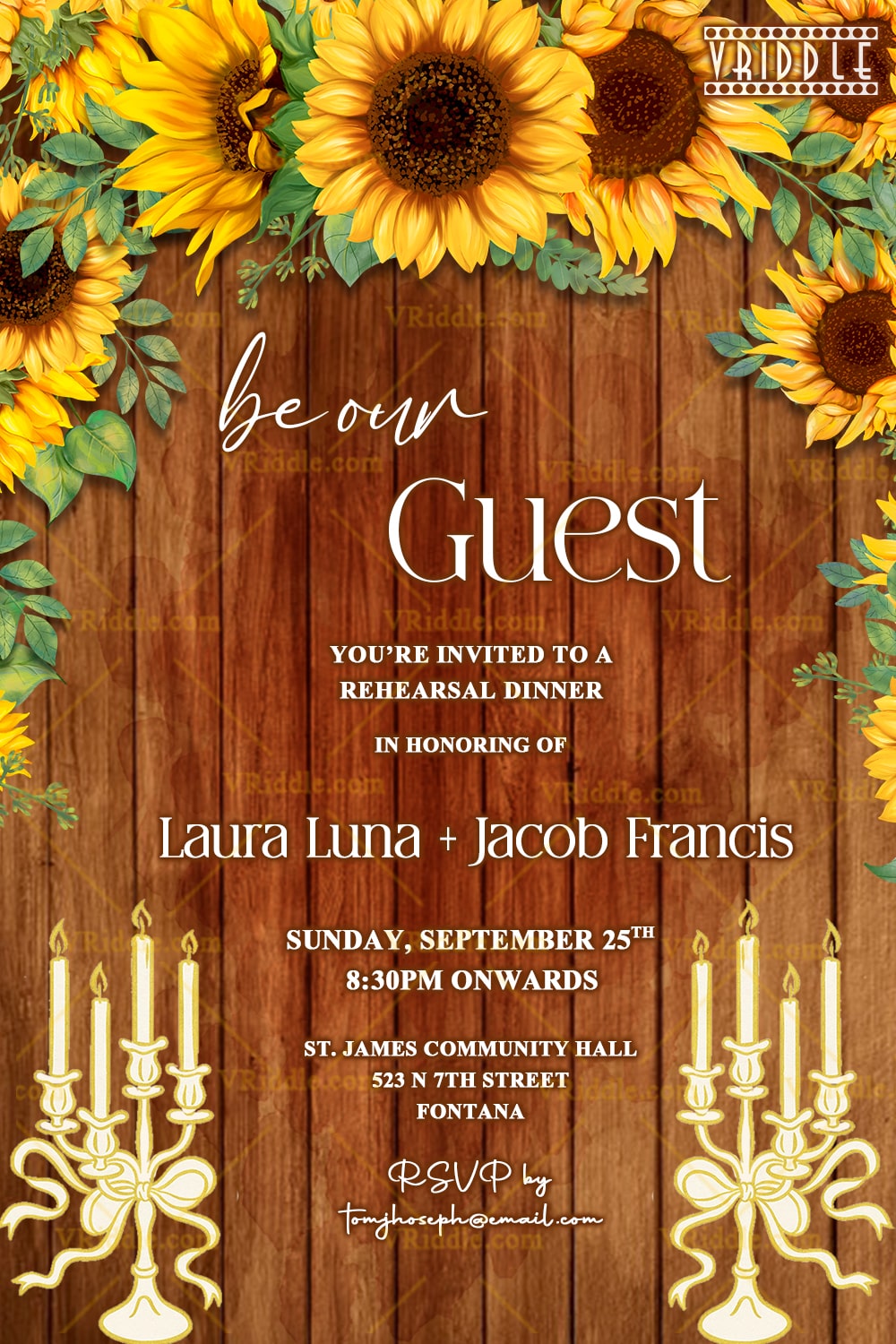 Rustic Rehearsal Dinner Invitation with Sunflower and Vintage Candle Holders on Wooden Backdrop