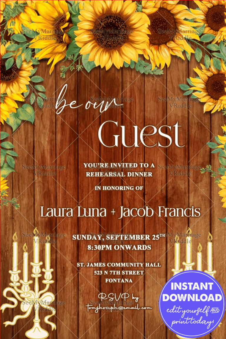 Rustic Rehearsal Dinner Invitation with Sunflower and Vintage Candle Holders on Wooden Backdrop