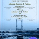 Sacred Blue-Toned Umrah Invitation with Majestic Kaaba and Masjid Silhouette