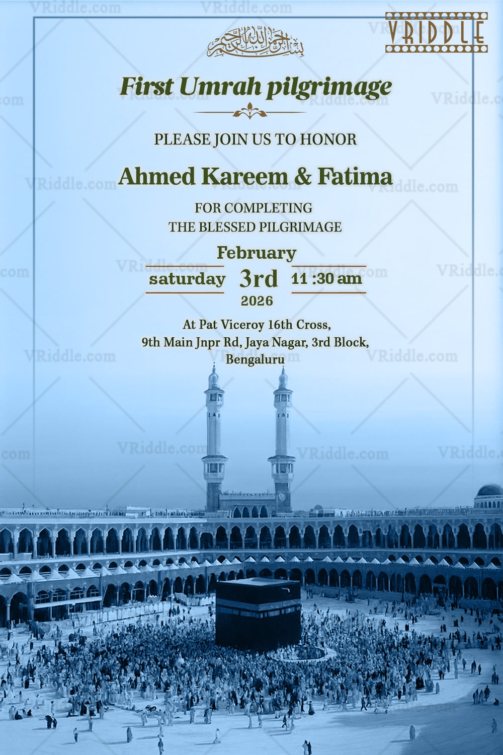 Sacred Blue-Toned Umrah Invitation with Majestic Kaaba and Masjid Silhouette