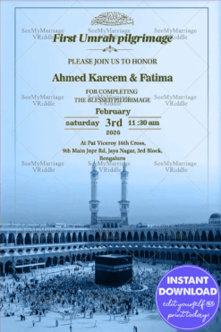 Sacred Blue-Toned Umrah Invitation with Majestic Kaaba and Masjid Silhouette