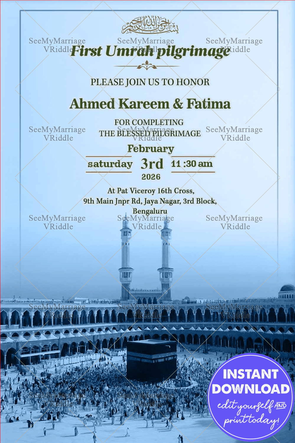 Sacred Blue-Toned Umrah Invitation with Majestic Kaaba and Masjid Silhouette