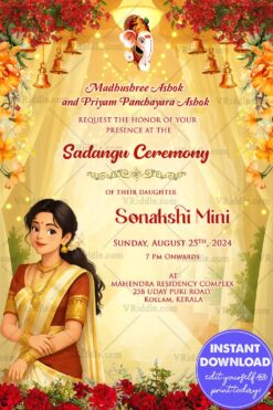 Sadangu Ceremony Invitation with Traditional South Indian Girl and Festive Florals Decoration