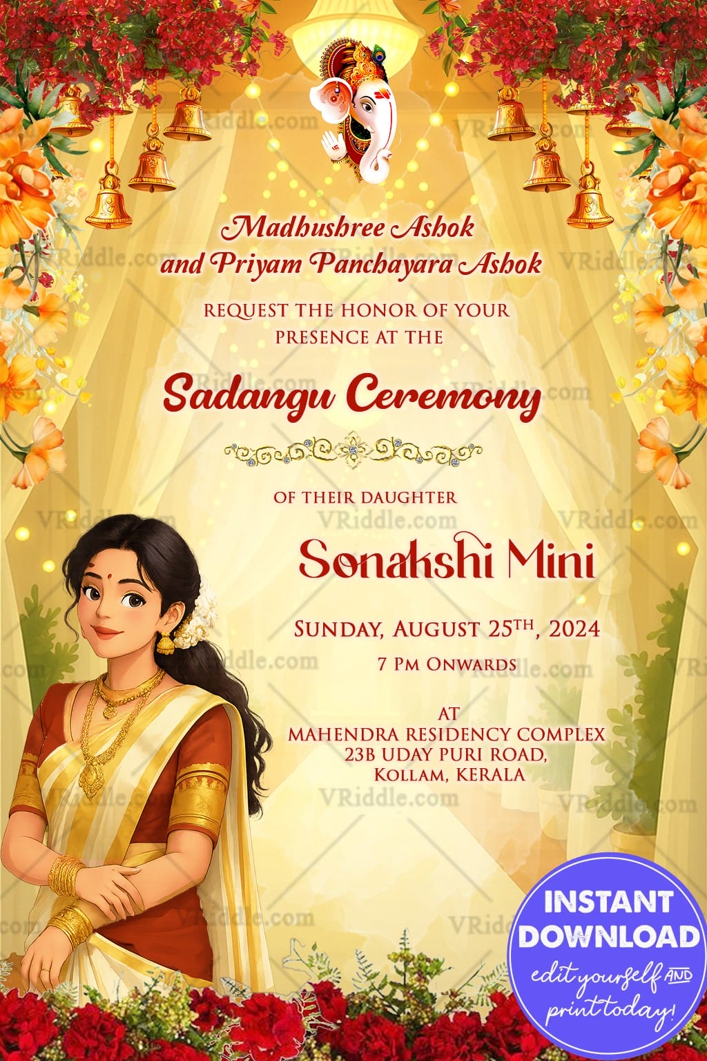 Sadangu Ceremony Invitation with Traditional South Indian Girl and Festive Florals Decoration