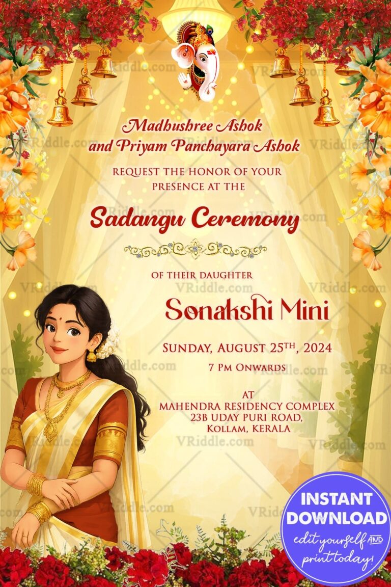 Sadangu Ceremony Invitation with Traditional South Indian Girl and Festive Florals Decoration