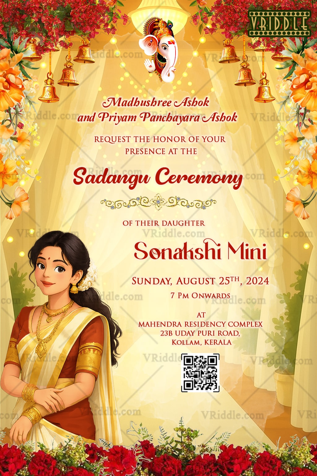 Sadangu Ceremony Invitation with Traditional South Indian Girl and Festive Florals Decoration