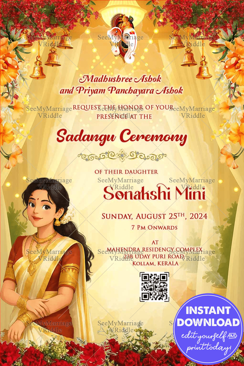 Sadangu Ceremony Invitation with Traditional South Indian Girl and Festive Florals Decoration