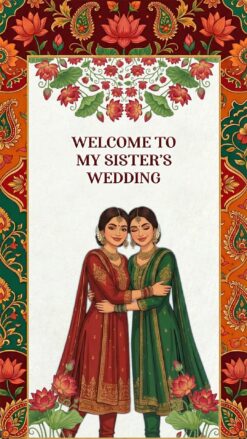 Sister Wedding Save The Date Video with Traditional Indian Attire and Rich Floral Border Design
