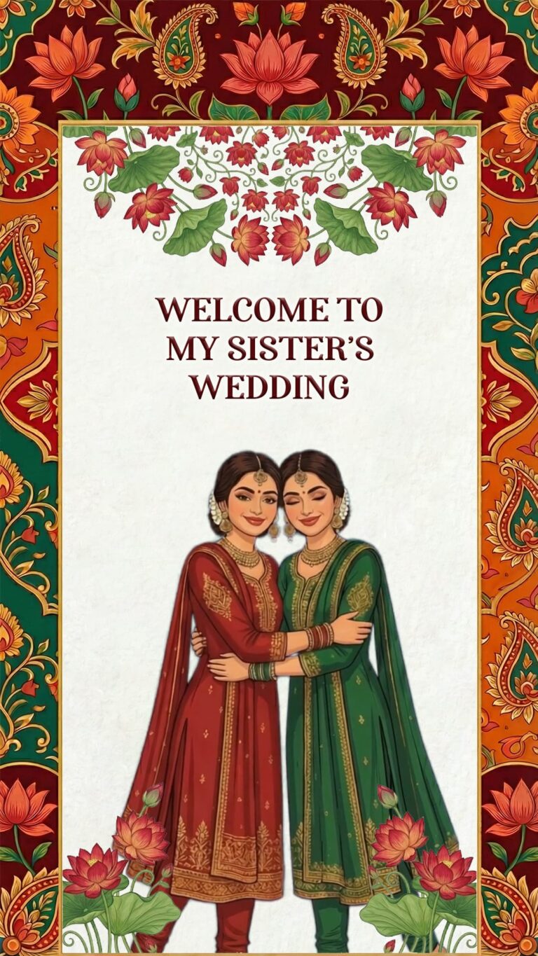 Sister Wedding Save The Date Video with Traditional Indian Attire and Rich Floral Border Design