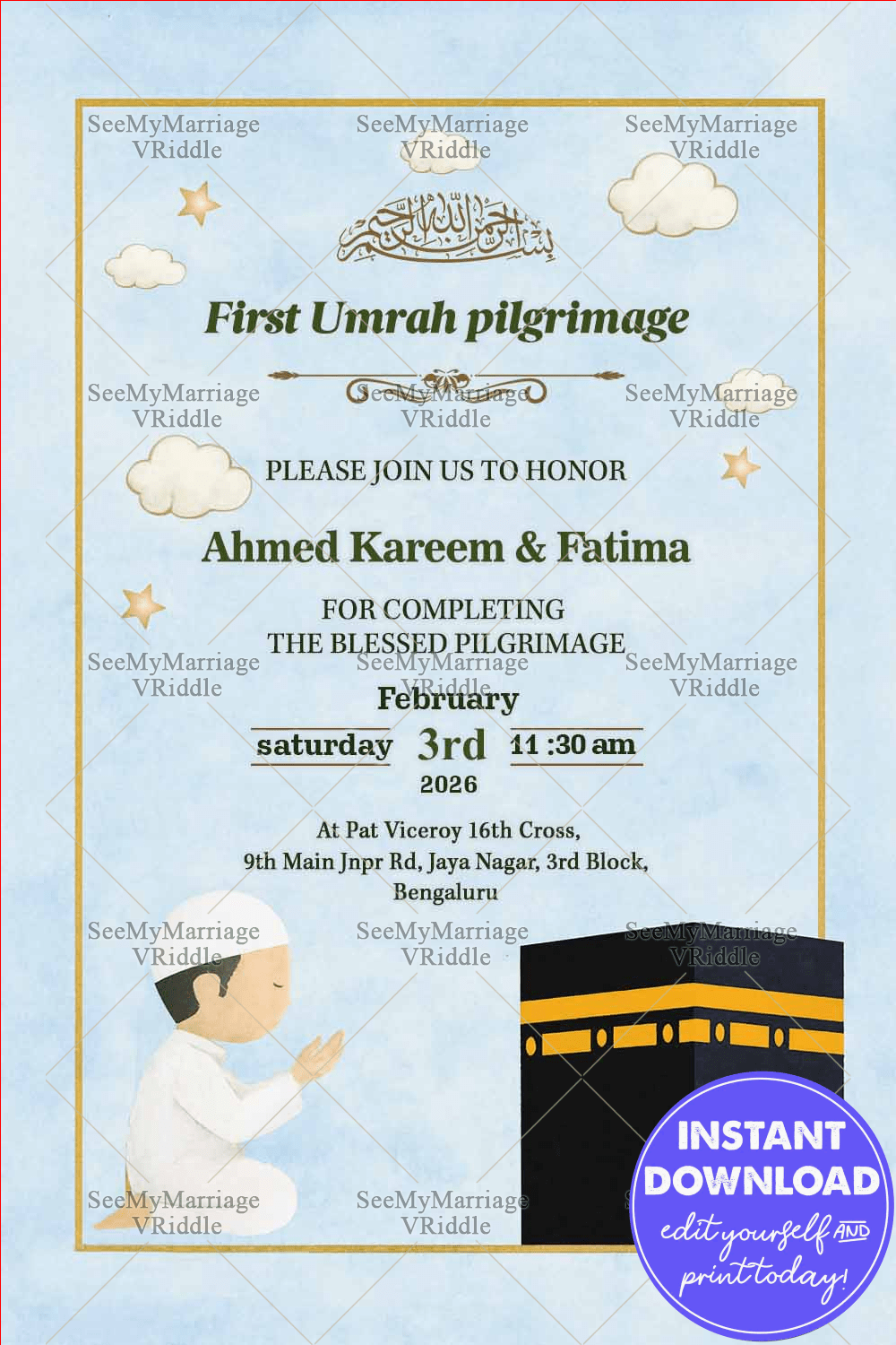 Soft Sky Umrah Invitation with Minimalist Kaaba & Prayer Illustration