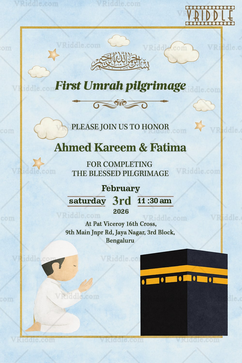 Soft Sky Umrah Invitation with Minimalist Kaaba & Prayer Illustration