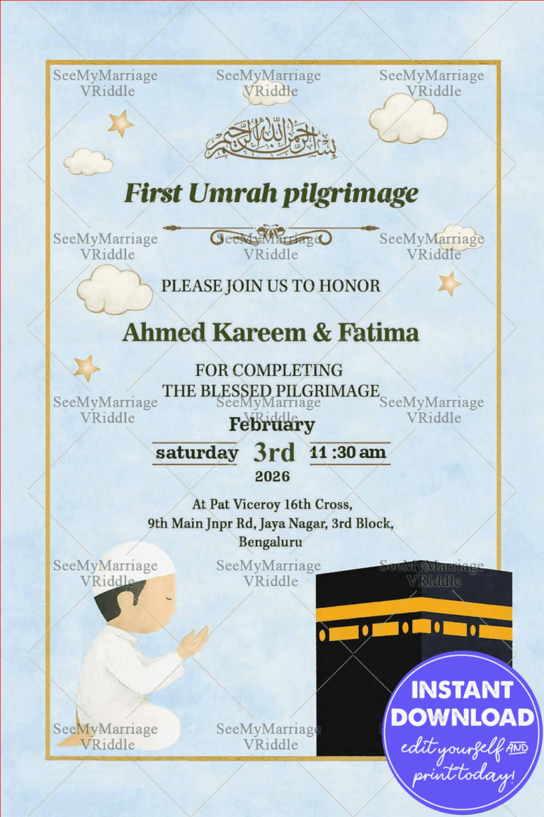 Soft Sky Umrah Invitation with Minimalist Kaaba & Prayer Illustration