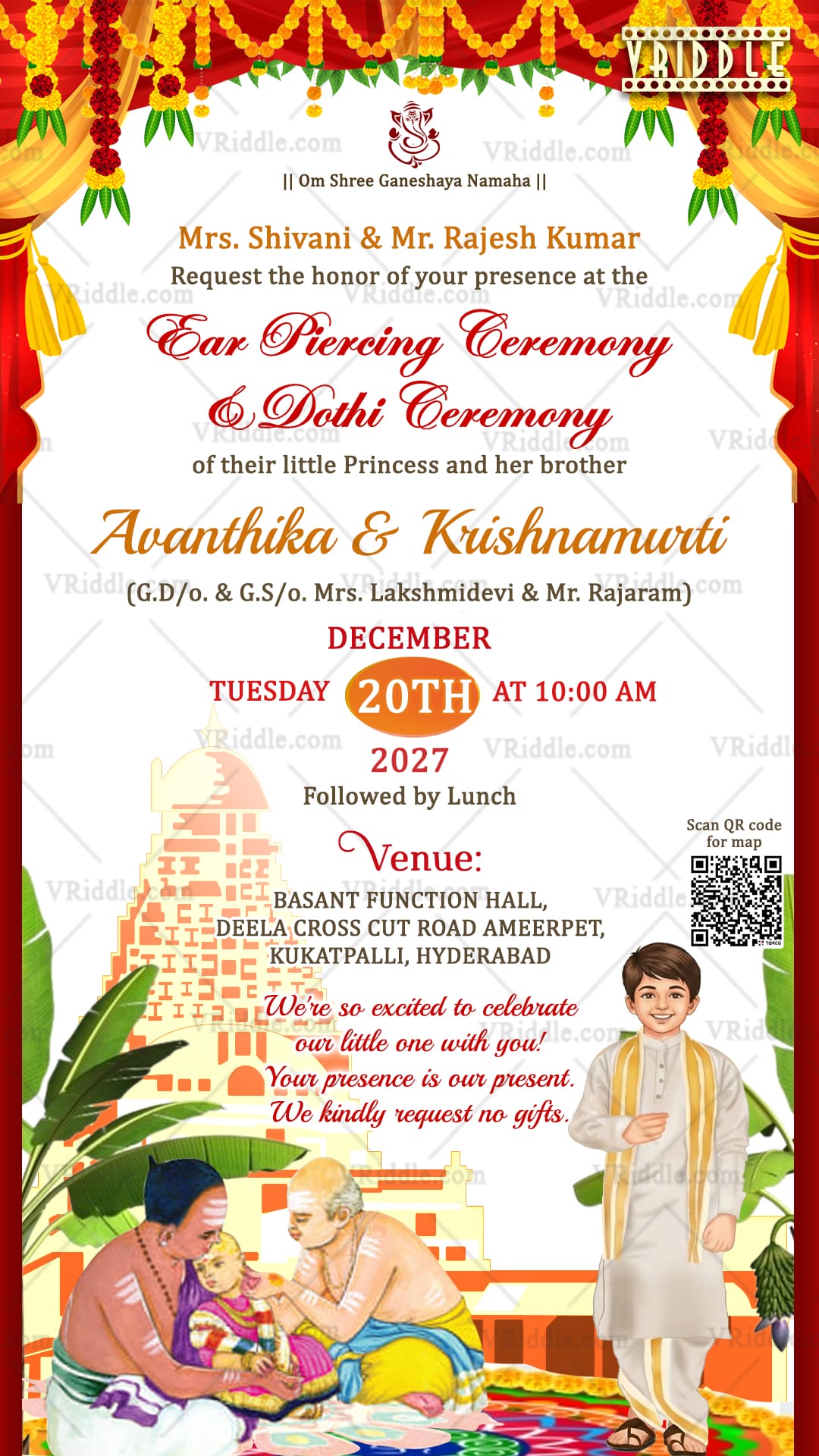 South Indian Ear Piercing & Dhoti Ceremony Invitation Card with Temple BG and Floral Garlands