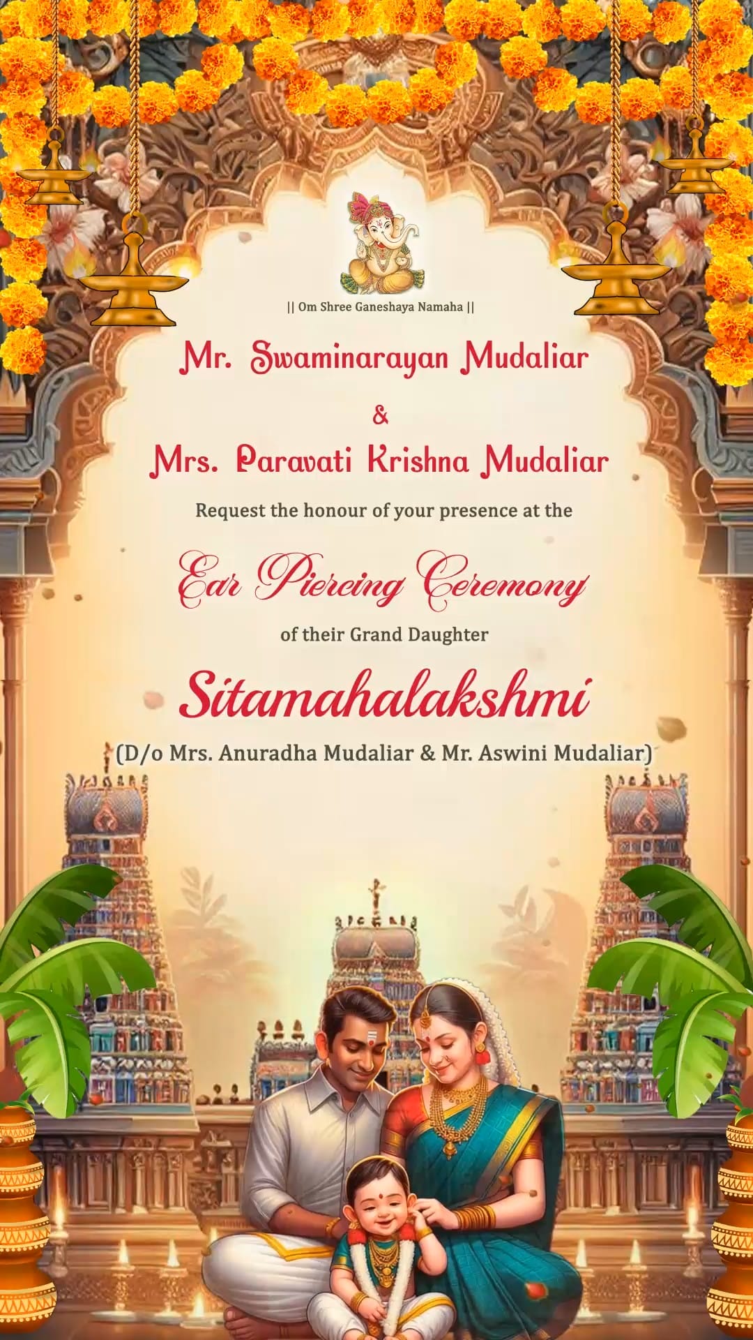 South Indian Temple Ear Piercing Ceremony Invitation Video with Family Theme and Divine Elements