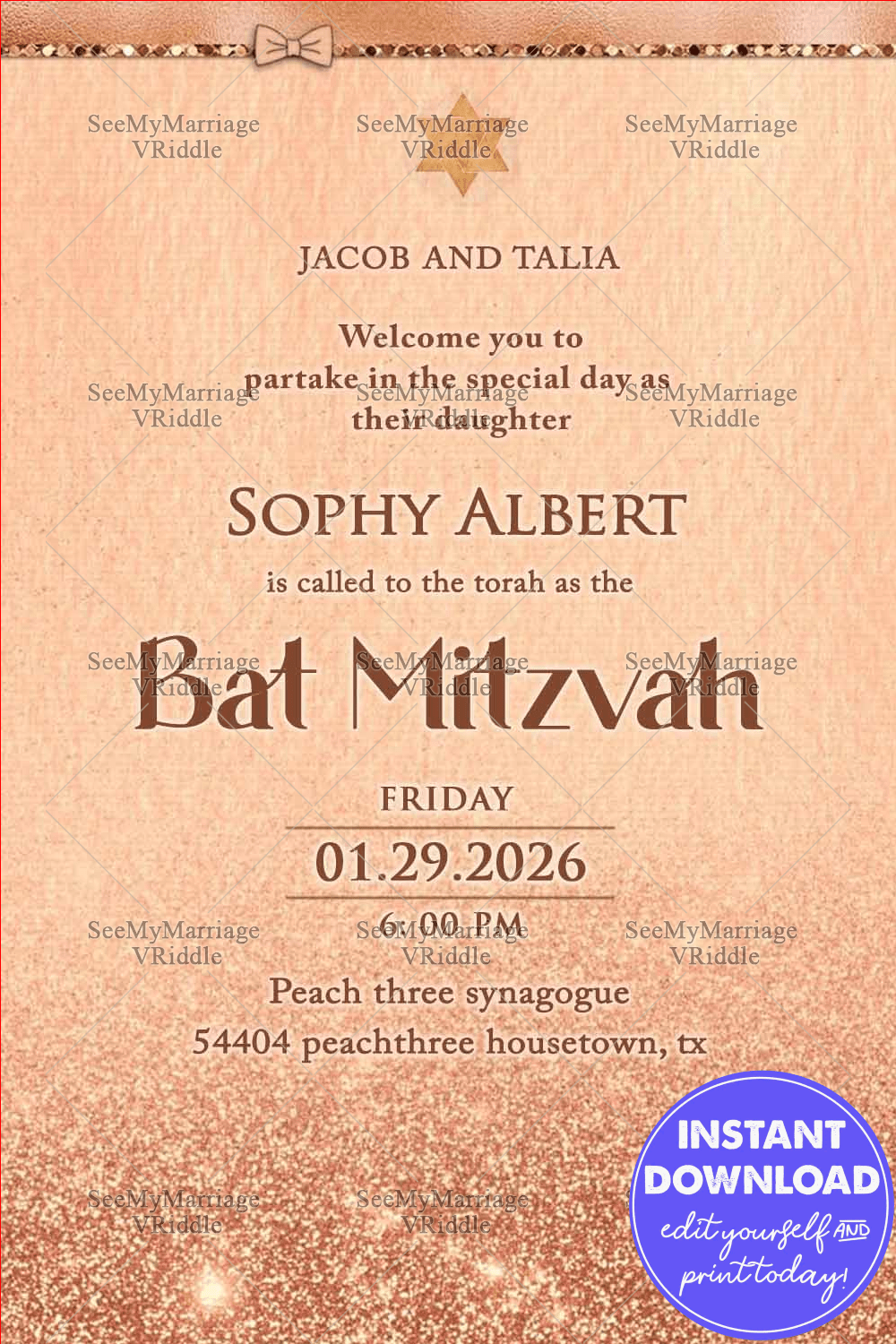 Sparkle Bat Mitzvah Invitation in Rose Gold with Subtle Judaic Accents