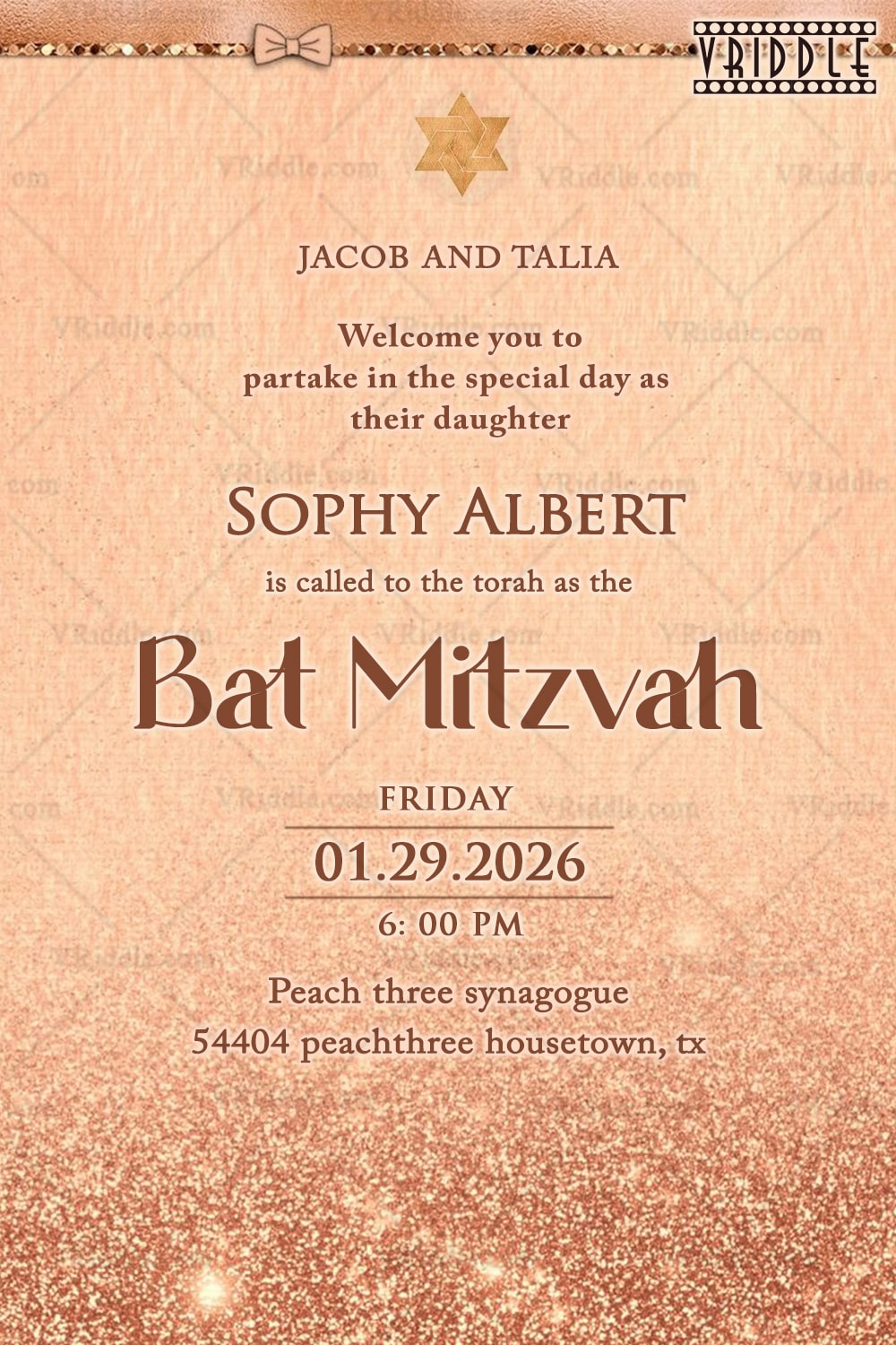 Sparkle Bat Mitzvah Invitation in Rose Gold with Subtle Judaic Accents