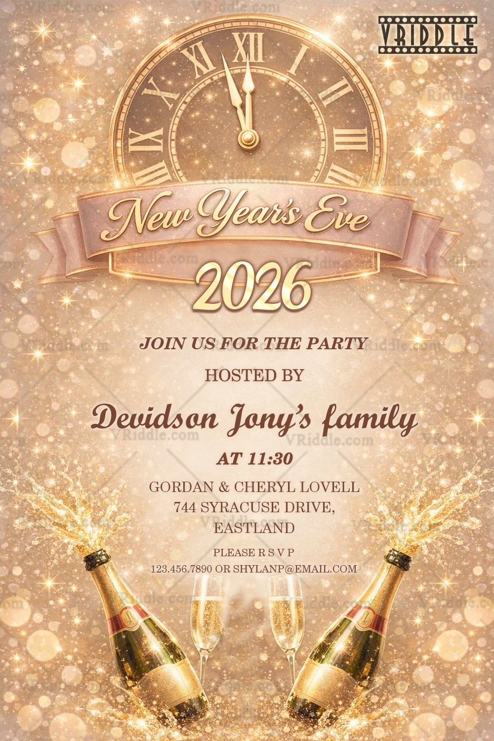 Sparkling Champagne New Year’s Eve Invitation with Midnight Clock & Golden Festive Charm