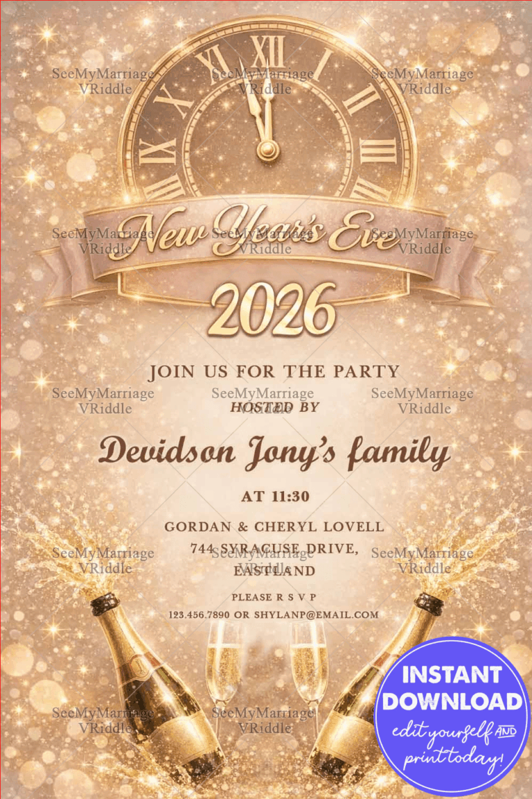 Sparkling Champagne New Year’s Eve Invitation with Midnight Clock & Golden Festive Charm