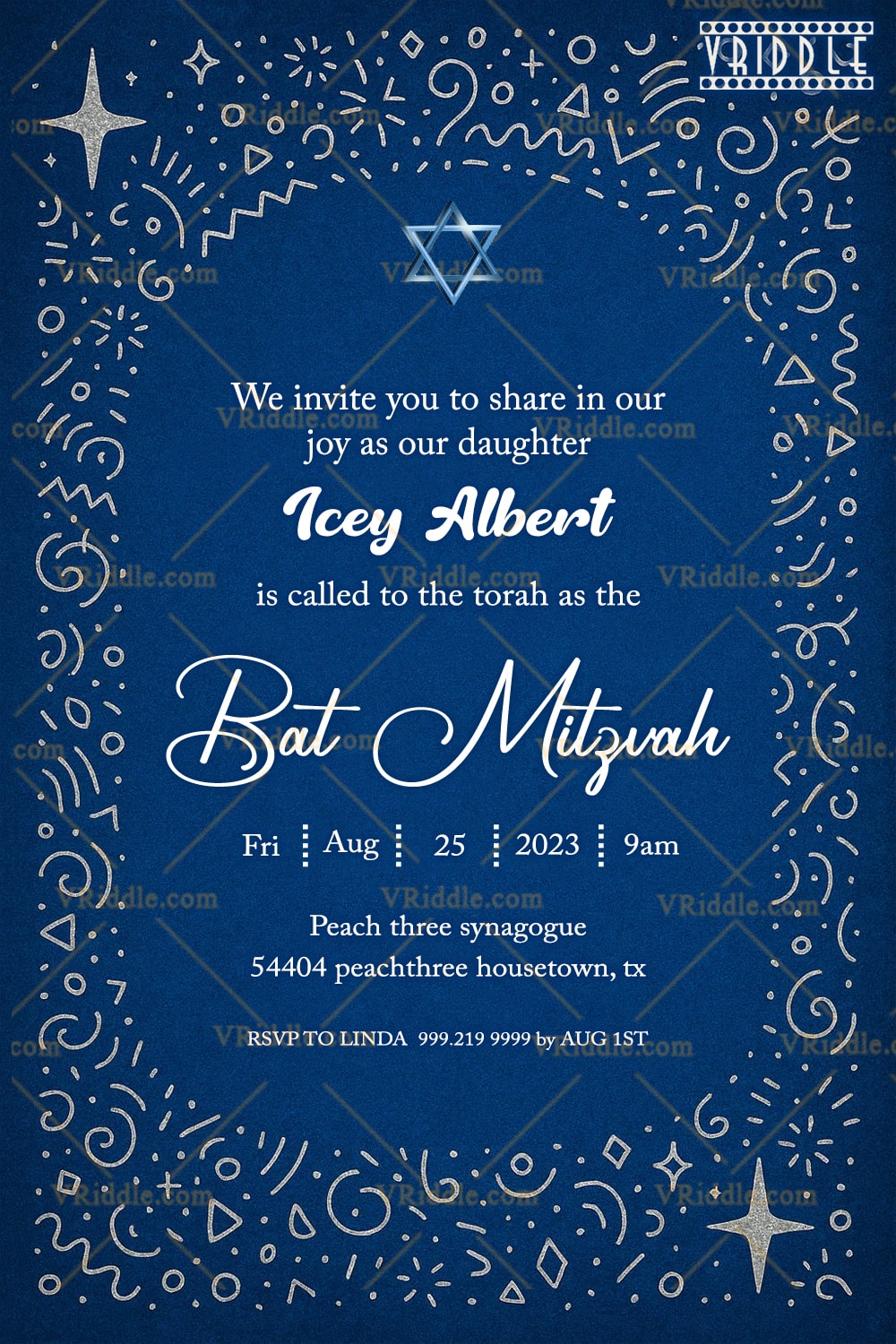 Starry Blue Bat Mitzvah Invitation with Whimsical Silver Accents in Blue Background