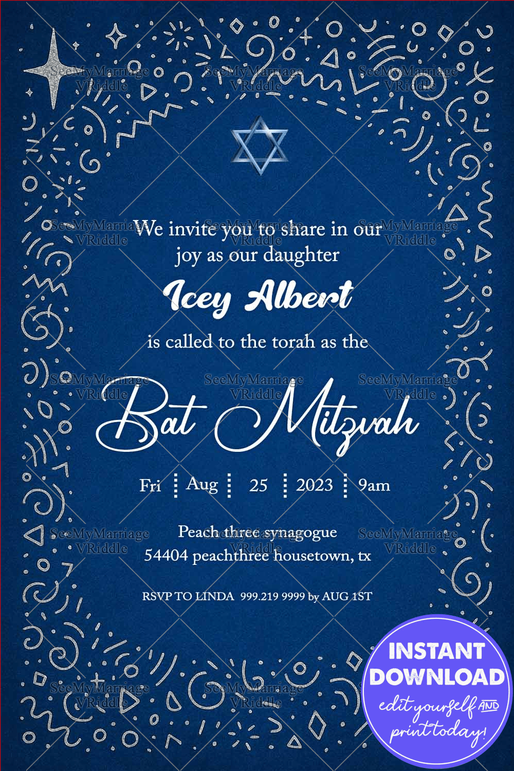 Starry Blue Bat Mitzvah Invitation with Whimsical Silver Accents in Blue Background